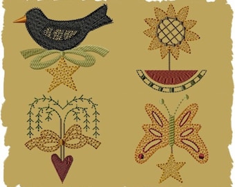 Primitive Machine Embroidery Design-Prim Spring Ornies Collection 1-4X4 set-INSTANT DOWNLOAD