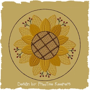 Primitive Machine Embroidery Design-Sunflower Candle Mat-4 Inch-INSTANT DOWNLOAD