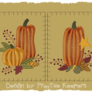 May include: Two embroidered designs featuring pumpkins with fall foliage. The designs are framed with a black and white grid pattern. The text "Design by Primitive Keepers" is at the bottom of the image.
