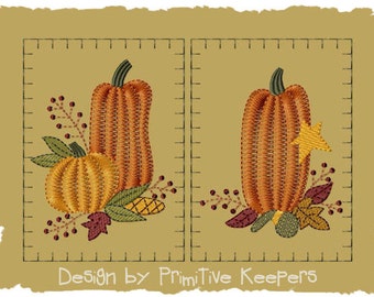 Primitive Machine Embroidery Design-Prim Pumpkin Hand Towel-Version 1-(2 Designs)-Small Size-INSTANT DOWNLOAD