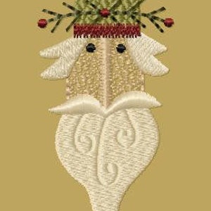May include: Embroidered design of a whimsical snowman with a green and red hat, white beard, and a brown body. The design is titled "Design by Primitive Keepers".