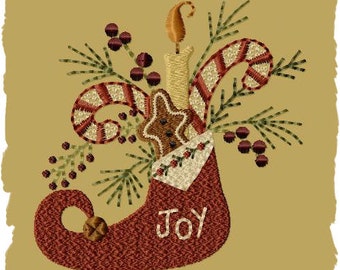 Primitive Machine Embroidery Design-Joy Stocking ~ Version 1--(4x4)-INSTANT DOWNLOAD