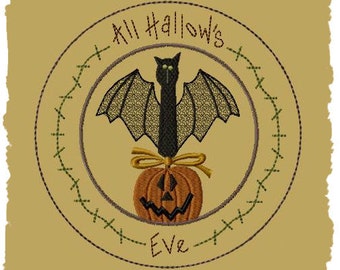 Primitive Machine Embroidery Design-All Hallow's Eve Candle Mat-5 Inch-INSTANT DOWNLOAD