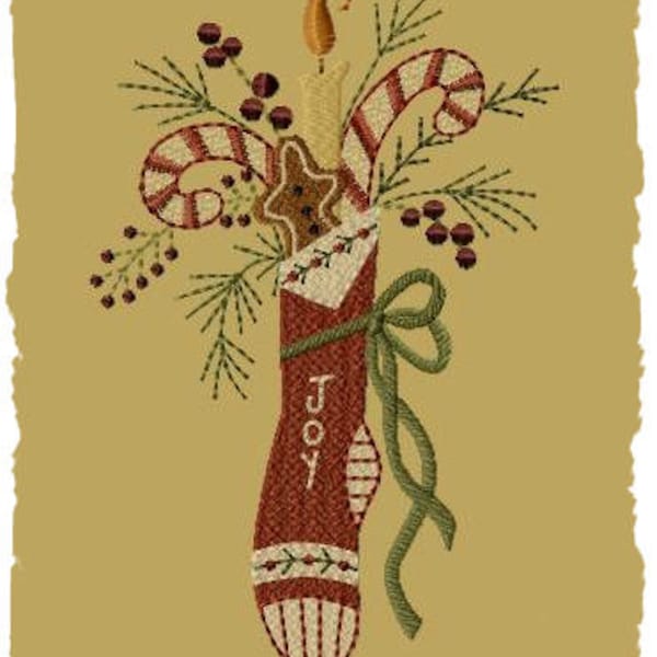 Primitive Machine Embroidery Design-Joy Stocking ~ Version 1--(5x7)-INSTANT DOWNLOAD