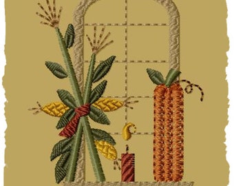 Window Autumn Harvest, Version 1--4x4-INSTANT DOWNLOAD-Primitive Machine Embroidery Design