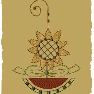 May include: Embroidered design of a sunflower in a pot with a brown, green and black colour scheme. The design is titled "Design by Primitive Keepers".