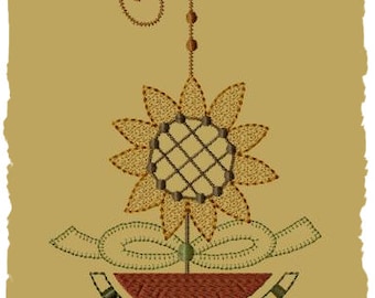 Primitive Machine Embroidery Design-Sunflower Spring Ornie--(5x7)-INSTANT DOWNLOAD