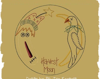 Primitive Machine Embroidery--Harvest Moon Candle Mat-5 Inch-Version 2--INSTANT DOWNLOAD