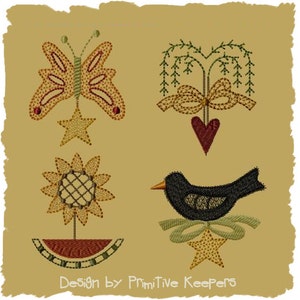 May include: A set of four embroidered designs featuring a butterfly, a weeping willow tree with a heart, a sunflower, and a blackbird perched on a star. The designs are stitched in shades of brown, green, red, and yellow on a beige background. The text "Design by Primitive Keepers" is at the bottom of the image.