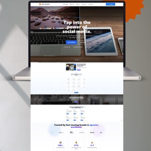 Może przedstawiać: Laptop wyświetlający stronę internetową agencji marketingu cyfrowego. Strona internetowa ma niebiesko-białą kolorystykę i zawiera tekst "Wykorzystaj moc mediów społecznościowych". Strona internetowa zawiera również przycisk wezwania do działania z napisem "Zacznij".
