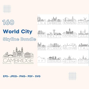 以下が含まれることがあります： ミニマルな線画スタイルで描かれた、160の世界の都市のスカイラインイラストのデジタルバンドル。ケンブリッジ、香港、アムステルダムなどの都市が含まれています。ファイル形式には、EPS、JPEG、PNG、PDF、SVGが含まれます。