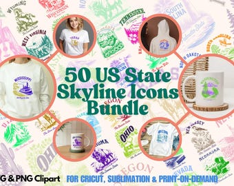 50 US State Skyline Icons Bundle – SVG & PNG Clipart for Cricut, Sublimation Print-on-Demand