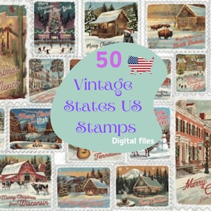 Vintage 50 States US Stamps Sublimation - American Heritage Art - Vintage Clipart