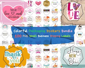 Colorful Packaging Stickers Bundle – 100 PNG Small Business Shipping Labels