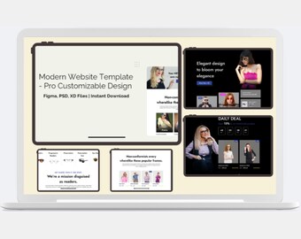 May include: A laptop screen displaying a website template design for an online store selling eyeglasses. The template features a variety of images and text, including "Modern Website Template - Pro Customizable Design", "Figma, PSD, XD Files | Instant Download", "Elegant design to bloom your elegance", and "Daily Deal 13%".