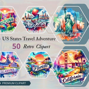 Clipart de acuarela de viajes y aventuras retro de EE. UU.: 50 ilustraciones vintage de estados / PNG de alta resolución / Descarga instantánea