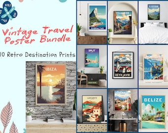Vintage Travel Poster Bundle | 10 Retro Destination Prints | Printable Wall Art for Wanderlust Decor