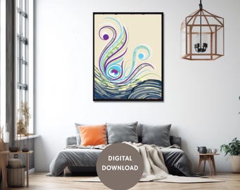 Peacock Feather Wall Art: Modern Minimalist Print (Digital Download)