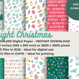 Op de afbeelding: Twaalf digitale papierontwerpen met kerstthema's. De ontwerpen omvatten een verscheidenheid aan patronen, zoals groene bomen, rode en witte ornamenten en kleurrijke lichten. De tekst "EASON'S GREETIN", "ISTMAS", "SEASON'S" en "CHRISTMAS" wordt op een van de ontwerpen herhaald.