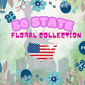 Puede incluir: Una ilustración digital de un diseño floral con un contorno rosa y blanco de los Estados Unidos. El texto "50 STATE FLORAL COLLECTION" está en rosa y blanco. El texto "PNG" está en un círculo azul.
