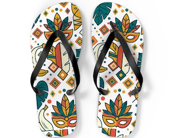 Colorful Mardi Gras Mask Flip Flops | Carnival Feather Pattern