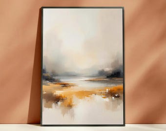 Impresión de paisaje con niebla dorada – Arte abstracto de la naturaleza en tonos beige y gris (Descarga digital)