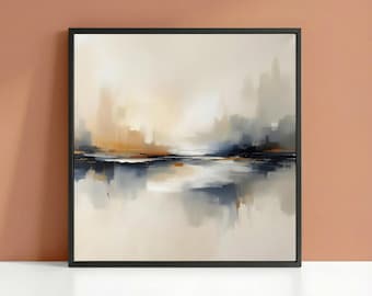 Arte mural con paisaje abstracto imprimible – Decoración minimalista en beige y dorado – Descarga digital