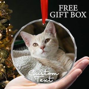 May include: Round, silver-colored Christmas ornament with a photo of a light brown tabby cat. The ornament has a white background and the text "Custom Text" is written in white cursive lettering.