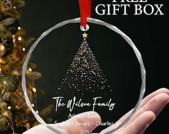 Custom Family Glass Ornament - Personalization Family Ornament - Christmas Tree Ornament - Free Gift Box - Family of 5 - Name on Ornament