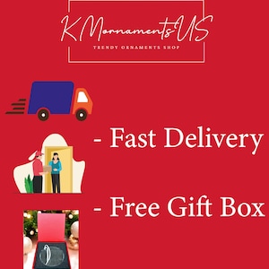 May include: A red background with white text that reads "Kornaments US Trendy Ornaments Shop". Below the text is a cartoon image of a delivery truck. Below the truck is a cartoon image of a person delivering a package to a person at a door. Below the cartoon images is more white text that reads "Fast Delivery" and "Free Gift Box".