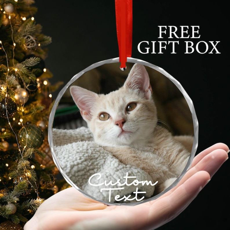 May include: Round, silver-colored Christmas ornament with a photo of a light brown tabby cat. The ornament has a white background and the text "Custom Text" is written in white cursive lettering.