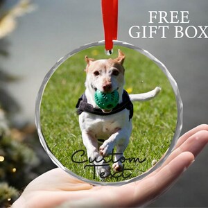 May include: Round glass ornament with a photo of a dog playing fetch with a green ball. The ornament has a red ribbon for hanging and the text "Custom Text" is written on the bottom.