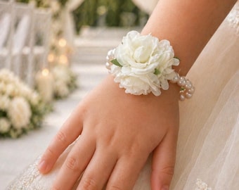 White Rose Flower Girl Corsage – Pearl Wedding Bracelet Accessory