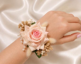 Handmade Blush Rose Dried Flower Wrist Corsage, Wedding Bridesmaid