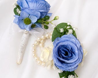 Kids Wedding Corsage Boutonniere Set, Dusty Blue Rose, Pearl Bracelet, Flower Girl Page Boy