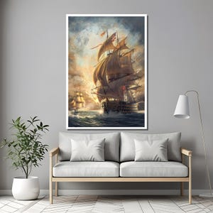 May include: A painting of a large sailing ship with billowing sails, navigating through a stormy sea. The ship is in the foreground, with a smaller ship in the distance. The sky is a dramatic mix of dark clouds and bright sunlight.