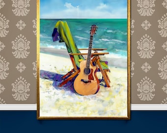 Canvasschilderij strandgitaar, ontspannende kustscène met akoestische gitaar en stoel, levendige oceaanmuurkunst cadeau voor muziekliefhebbers
