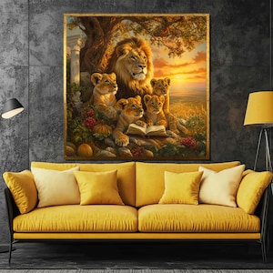Majestic Lion Family Canvas Painting - Regal Lion and Cubs Reading in Sunset, Heartfelt Wildlife Art Gift for Animal Lovers