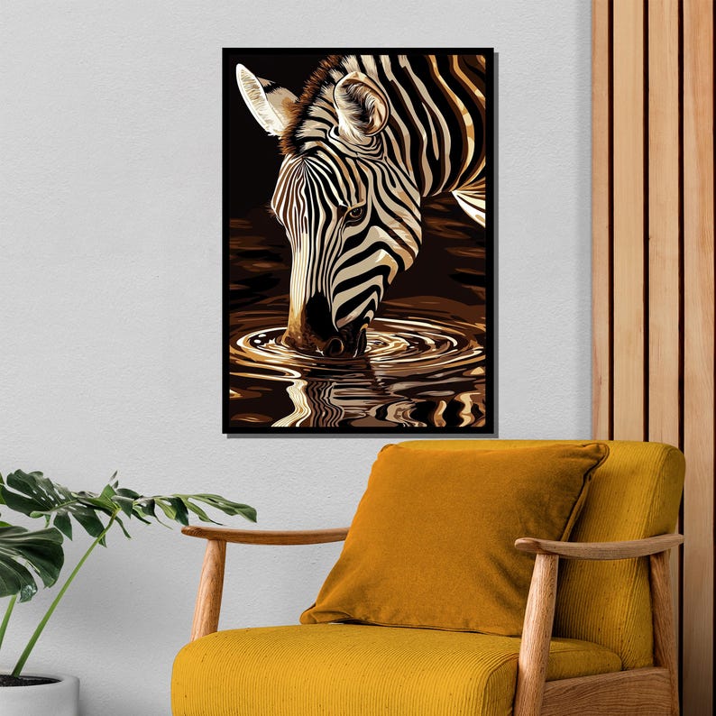 May include: A black and white zebra with black stripes drinks water from a brown pool of water. The zebra's head is bent down to drink, and the water ripples around its head.