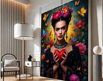 Lienzo con un vibrante retrato de Frida, tocado floral, mujer con corazón, mariposa colorida, impresión de arte mexicano moderno.