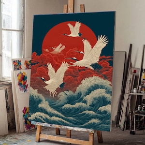 Japanese Crane Flight Canvas Wall Art, Red Sun and Ocean Waves, Traditional Asian Bird Art, Nature Scene Canvas, Home Decor Artwork