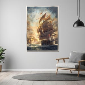 May include: A painting of a large sailing ship with billowing sails, navigating through choppy waters. A smaller ship is visible in the distance, adding depth to the scene. The sky is a mix of blue and white, with clouds casting shadows on the water.