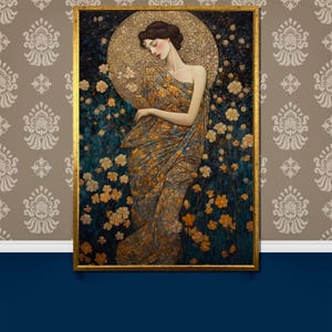 黄金の女神キャンバス絵画 - 花のモチーフをあしらった幻想的なアートギフト、花咲く美しさに囲まれたエレガントな女性の肖像画