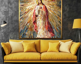 Pop Art Canvas Painting Gift: Highly Detailed Mosaic-Style Depiction of Divine Mercy with Radiant Halos and Gold Tones