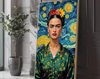 Levendige Frida portret canvas, bloemen jurk muurkunst, sterrennacht achtergrond, moderne Mexicaanse kunst, kleurrijke huisdecoratie