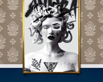 Medusa Canvas Painting - Bold Black and White Graffiti Art Gift for Modern Home Decor and Unique Statement Wall Art