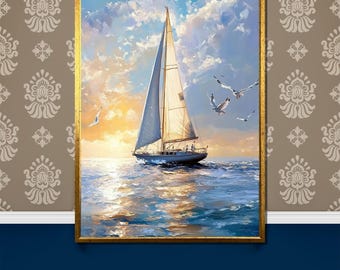 Serene Sailing at Sunset Canvas Painting | Peaceful Nautical Wall Art | Perfect Gift for Ocean Lovers and Home Decor