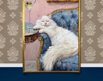 White Cat Martini Painting, Whimsical Cocktail Wall Art, Elegant Bar Lounge Decor, Fancy Pet Portrait for Cat Lovers