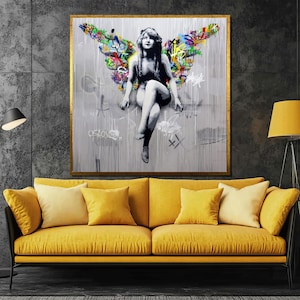 Street Art Angel Canvas Painting - Graffiti-Inspired Modern Wall Art with Vibrant Wings for Contemporary Decor and Gift Ideas