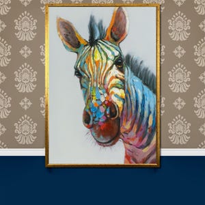 Pintura em tela de zebra colorida - Arte vibrante de animais para sala de estar, decoração de parede de zebra exclusiva, ideia de presente perfeita para amantes de animais
